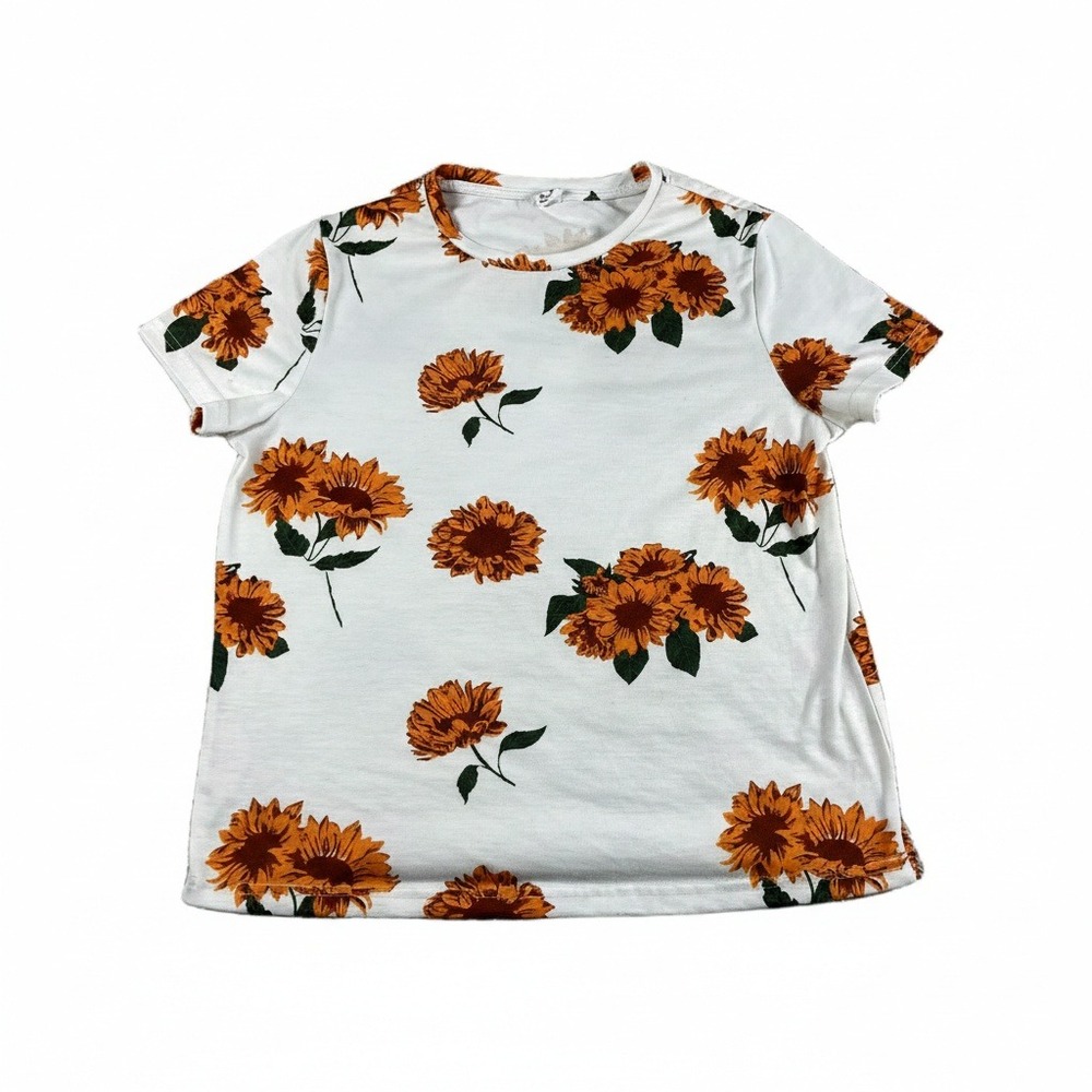 SHEIN Shirt Teen Girls White Sunflower Print Short Sleeve T-Shirt Size 12-13Y